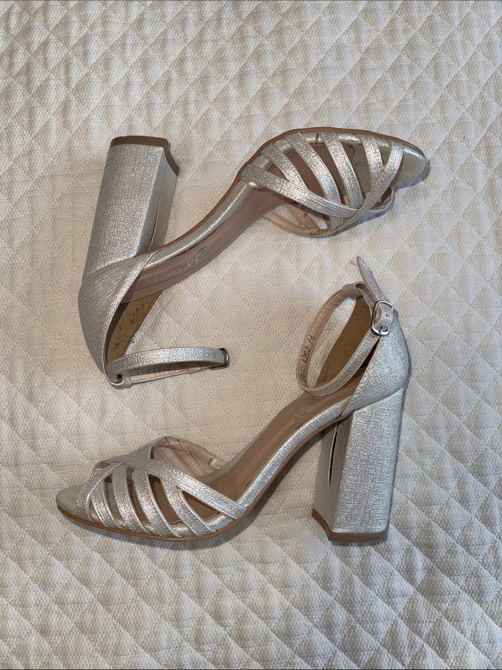 Metallic Silver Block Heel Sandals with Ankle Strap